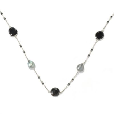 131-262 - Sterling Silver 24" 10-11mm Tahitian Cultured Pearl & Multi Gem Station Necklace