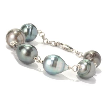 131-263 - Sterling Silver 12-13mm Peacock Tahitian Cultured Pearl Station Bracelet
