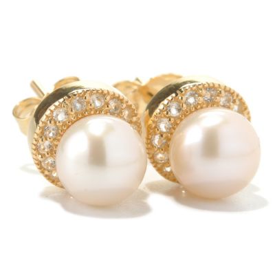 131-266 - 6-7mm White Freshwater Cultured Pearl & White Topaz Stud Halo Earrings