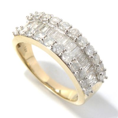 131-325 - Diamond Treasures 14K Gold 1.50ctw Baguette & Round Diamond Three-Row Band Ring 