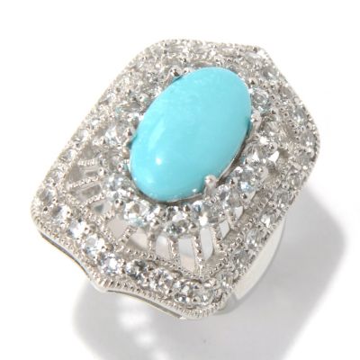 131-495 - Gem Insider Sterling Silver 14 x 8mm Turquoise & White Topaz Antique-Style Ring