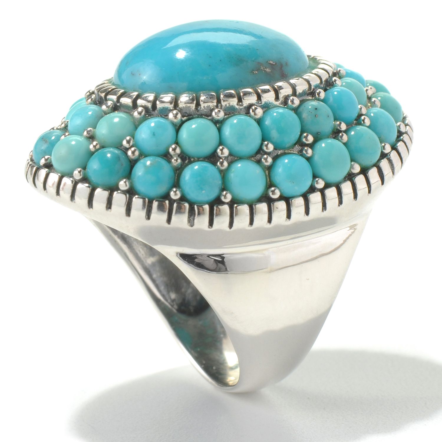 96 - Gem Insider Sterling Silver 15.5 x 13mm Oval & Round Turquoise North-South Ring