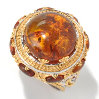 131-692 - Gems en Vogue II 15mm Baltic Amber Cabochon & Orange Sapphire Polished Ring