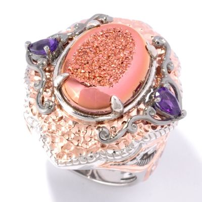131-694 - Gems en Vogue II 16 x 12mm Rose Drusy & Amethyst Textured Ring