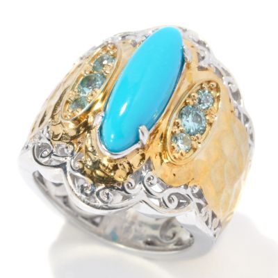 SS/PALL RING SLEEPING BEAUTY TURQUOISE & BLUE ZIRCON MARTELLATO BAND