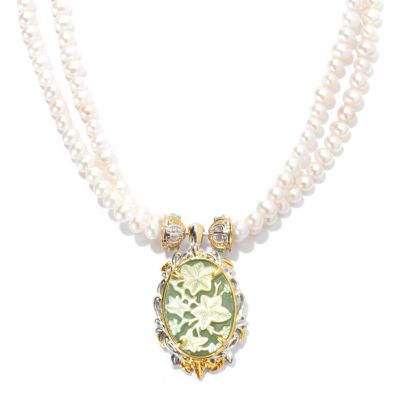 131-728 - Gems en Vogue II Carved Aventurine Doublet Enhancer & Cultured Pearl 2-Strand Necklace