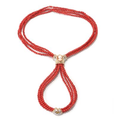 131-730 - Gems en Vogue II 30" Bamboo Coral, Shell Cameo & Ruby Four-Strand Beaded Necklace