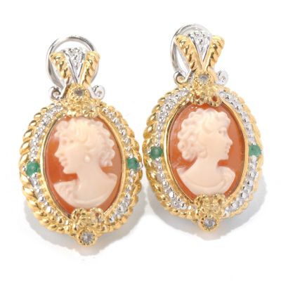 131-732 - Gems en Vogue II Hand Carved Shell Cameo, Emerald & White Sapphire Drop Earrings