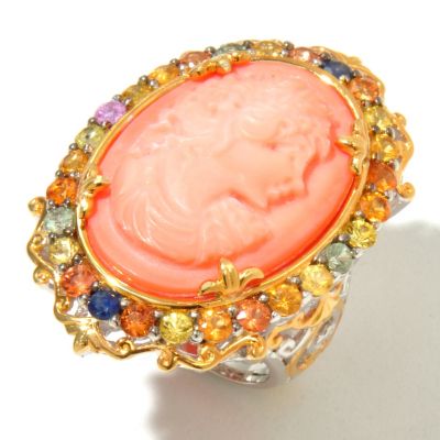 131-750 - Gems en Vogue II Carved Bamboo Coral Portrait & Multi Sapphire Cameo Ring