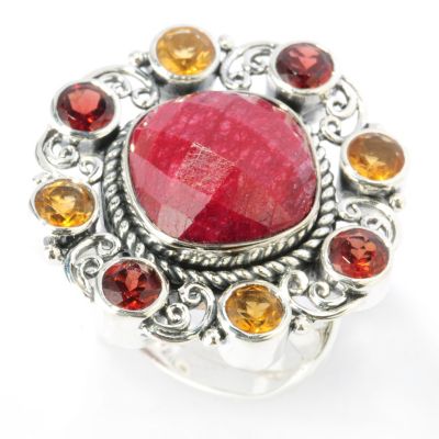 131-769 - Artisan Silver by Samuel B. 12 x 12mm Dyed Ruby, Garnet & Citrine Ring