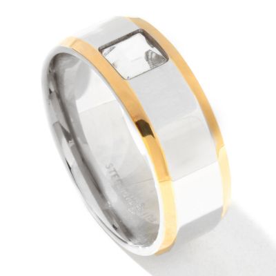 131-803 - Steeltime Men's Two-tone Stainless Steel Square Crystal Band Ring