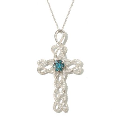 131-808 - Diamond Treasures Sterling Silver 0.98ctw White & Blue Diamond Cross Pendant w/ Chain