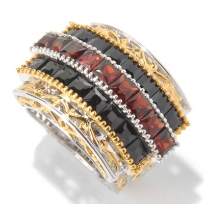 SS/PALL RING 3-ROW PRINCESS-CUT GARNET & BLK SPINEL WIDE BAND