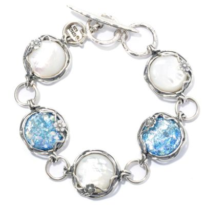 131-889 - Passage to Israel Sterling Silver 8" Mother-of-Pearl & Roman Glass Toggle Bracelet