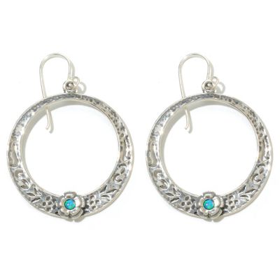 131-899 - Passage to Israel Sterling Silver 1.75" Simulated Blue Opal Circle Drop Earrings