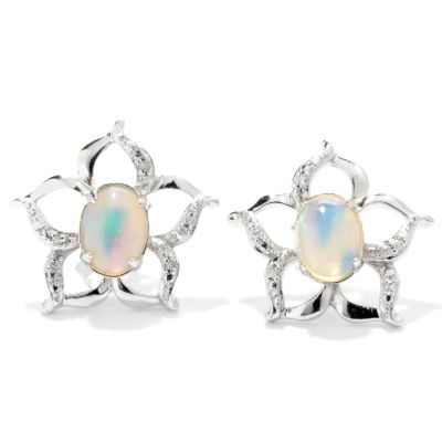 131-946 - Gem Insider Sterling Silver 7 x 5mm Ethiopian Opal & Diamond Flower Earrings 