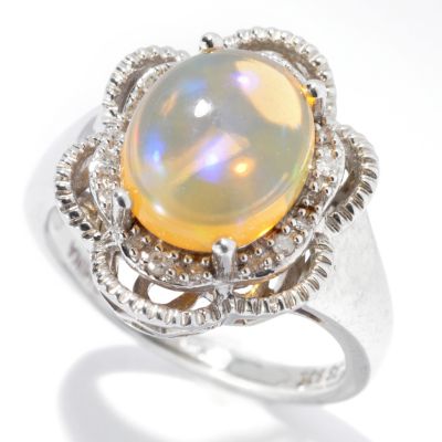 131-947 - Gem Insider Sterling Silver 11 x 9mm Ethiopian Opal & Diamond Flower Ring
