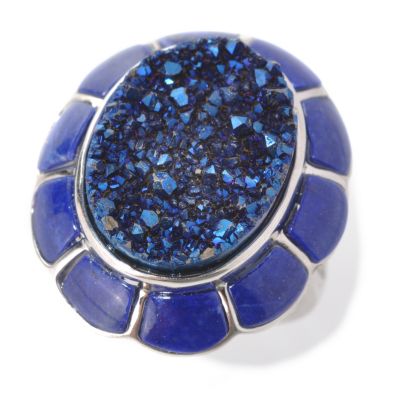 131-949 - Gem Insider Sterling Silver 17 x 13mm Oval Blue Drusy & Lapis Framed Ring