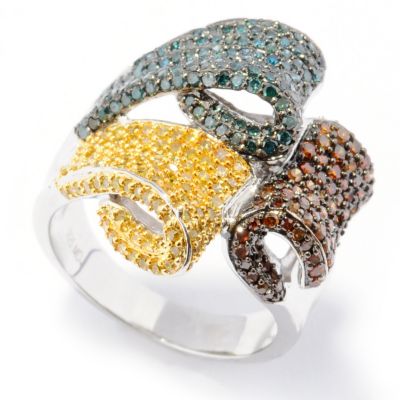132-007 - Diamond Treasures Sterling Silver 1.75ctw Blue, Red & Yellow Diamond Tri-Flap Ring