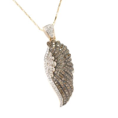 132-021 - Beverly Hills Elegance 14K Gold 1.24ctw Champagne & White Diamond Wing Pendant w/ 18” Chain