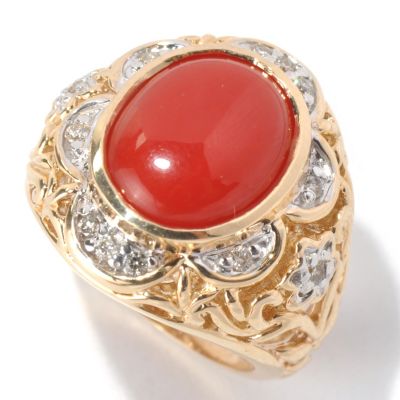 14K RING CORAL & BLK DIAMOND
