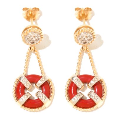 14K EAR RECONSTITUTED CORAL & DIAMOND DROP