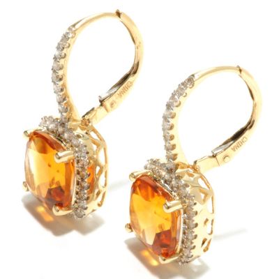 132-158 - Gem Treasures 14K Gold 5.24ctw Madeira Citrine & Diamond Halo Leverback Earrings