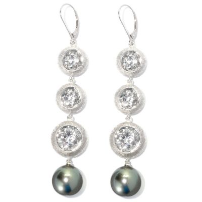 132-176 - Sterling Silver 3.25" 14mm Peacock Tahitian Cultured Pearl & Topaz Drop Earrings