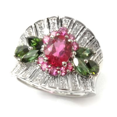 132-187 - Gem Treasures Sterling Silver 2.65ctw Diamond & Tourmaline Duo Floral Ring
