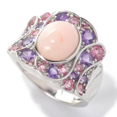 132-198 - Gem Insider Sterling Silver 10 x 8mm Pink Opal & Multi Gemstone Concave Swirl Ring