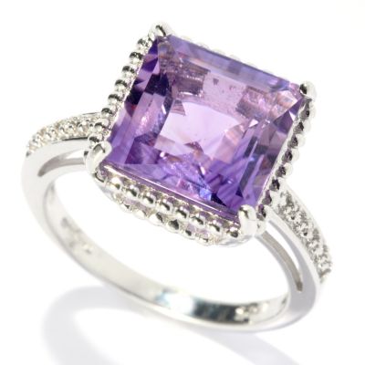 132-339 - Gem Treasures Sterling Silver 3.66ctw Square Amethyst Beaded Frame Ring