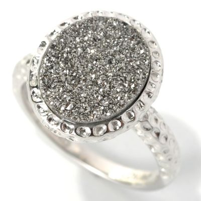 132-416 - Gem Insider Sterling Silver 12 x 10mm Oval Drusy Hammered Ring