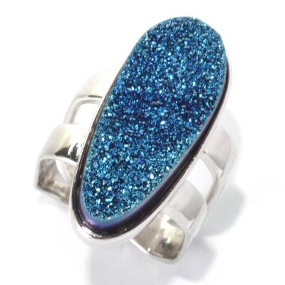 132-418 - Gem Insider Sterling Silver 26 x 11mm Blue Freeform Drusy Square Shank Ring