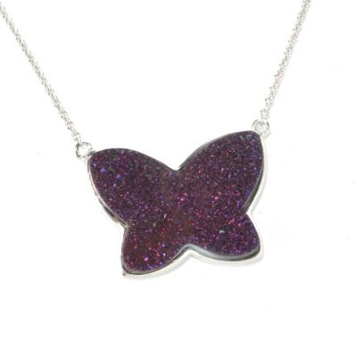 132-423 - Gem Insider Sterling Silver 18" 24 x 18mm Purple Drusy Butterfly Necklace