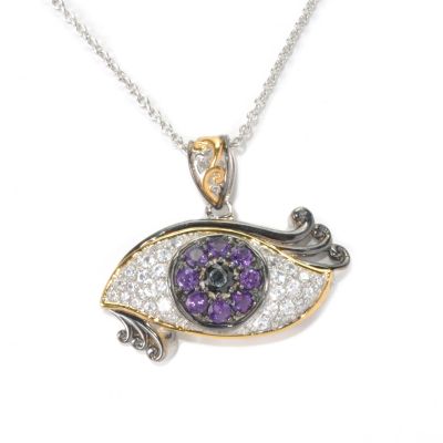132-602 - Gems en Vogue II 2.40ctw Amethyst, White Zircon & Black Spinel Eye Pendant w/ Chain