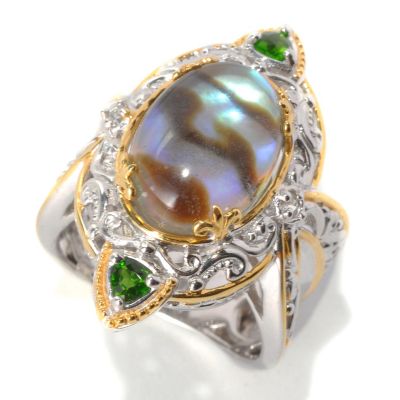132-630 - Gems en Vogue II 14 x 10mm Abalone, Chrome Diopside Trillion & White Sapphire Ring