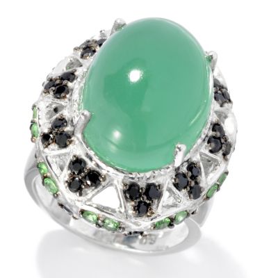 132-724 - Gem Insider Sterling Silver Green Chalcedony, Tsavorite & Spinel Dome Ring