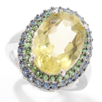 132-729 - Gem Insider Sterling Silver 5.94ctw Oval Lemon Quartz, Tsavorite & Sapphire Ring