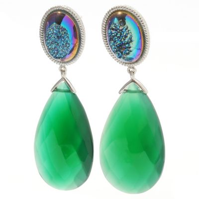 132-738 - Gem Insider Sterling Silver 2" 30 x 18mm Teardrop Agate & Oval Drusy Dangle Earrings