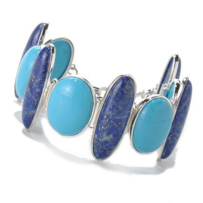 132-864 - Gem Insider Sterling Silver 7.5" Oblong Lapis & Oval Turquoise Toggle Bracelet
