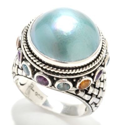 132-946 - Artisan Silver by Samuel B. 14mm Mabe Cultured Pearl & Multi Gem Textured Ring