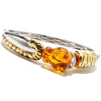 132-977 - Gems en Vogue II 28 x 17mm Carved Baltic Amber Panther Hinged Bangle Bracelet