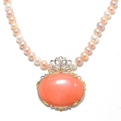 132-980 - Gems en Vogue II 40 x 30mm Coral Pin-Pendant w/ 20" Cultured Pearl Necklace