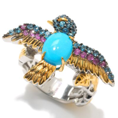 132-995 - Gems en Vogue II 9 x 7mm Oval Sleeping Beauty Turquoise & Gem Sculpted Bird Ring