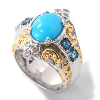 132-996 - Gems en Vogue II 10 x 8mm Oval Sleeping Beauty Turquoise & Princess Cut Gem Ring