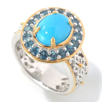 133-028 - Gems en Vogue II 9 x 7mm Sleeping Beauty Turquoise & London Blue Topaz Filigree Ring