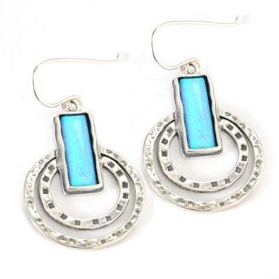 133-077 - Passage to Israel Sterling Silver 1.5" 15 x 5mm Simulated Opal Bar & Circle Earrings