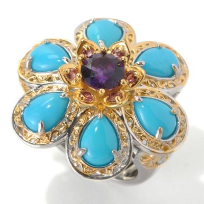133-085 - Gems en Vogue II 7 x 5mm Sleeping Beauty Turquoise & Multi Gemstone Flower Ring