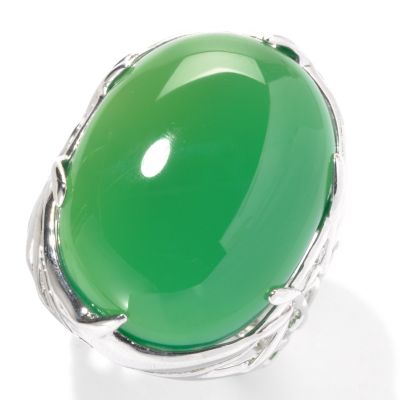 133-115 - Sterling Silver 24 x 18mm Oval Green Agate North-South Bamboo Ring