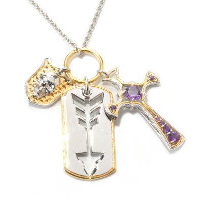 133-135 - Men's en Vogue 1.02ctw Amethyst Cross, Arrow & Skull Trio Pendant w/ 22" Chain